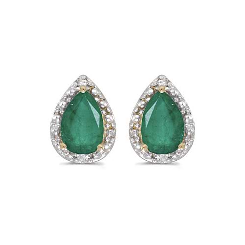 Pear Emerald and Diamond Stud Earrings 14k Yellow Gold (1.42ct)