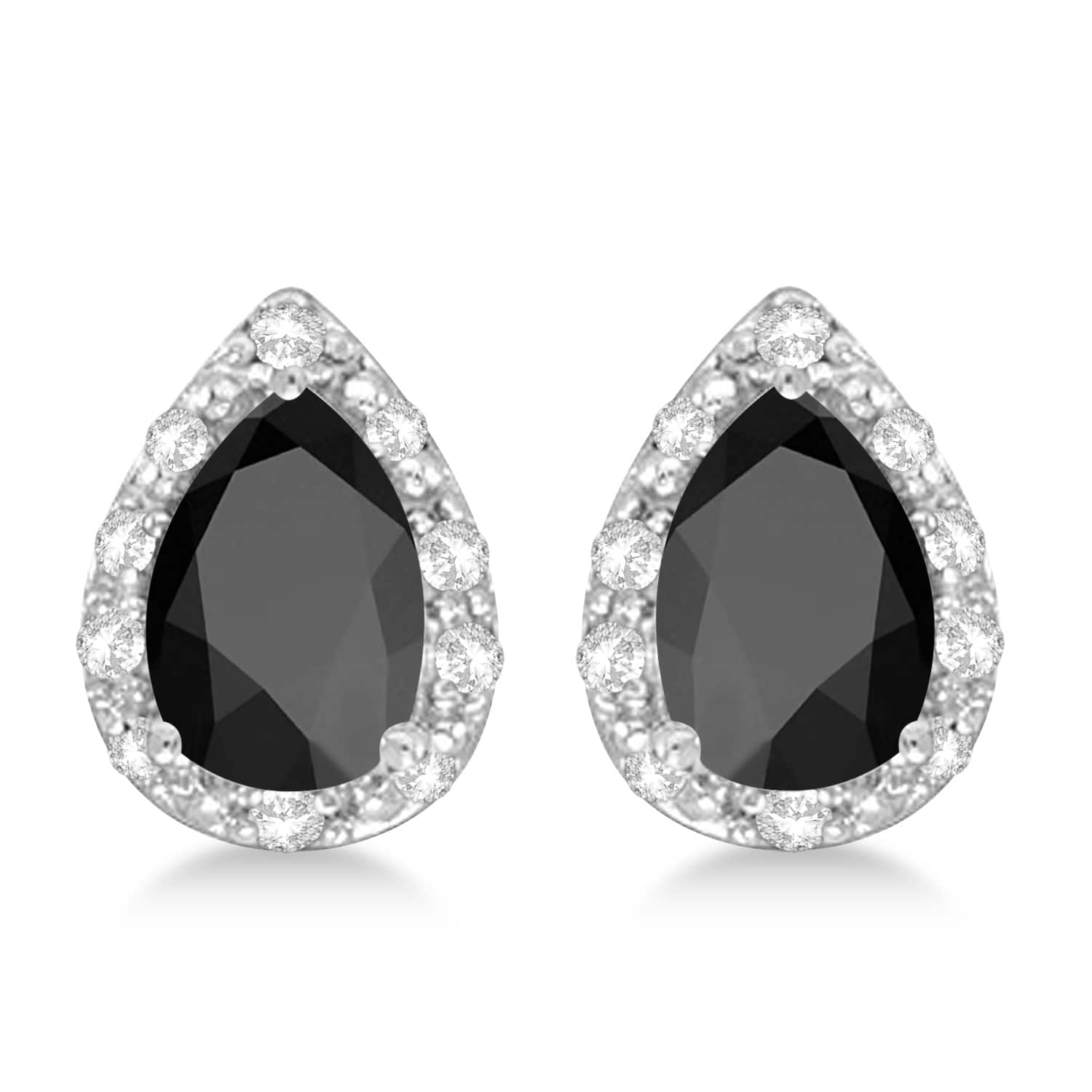 Pear Black Onyx and Diamond Stud Earrings 14k White Gold (1.72ct)