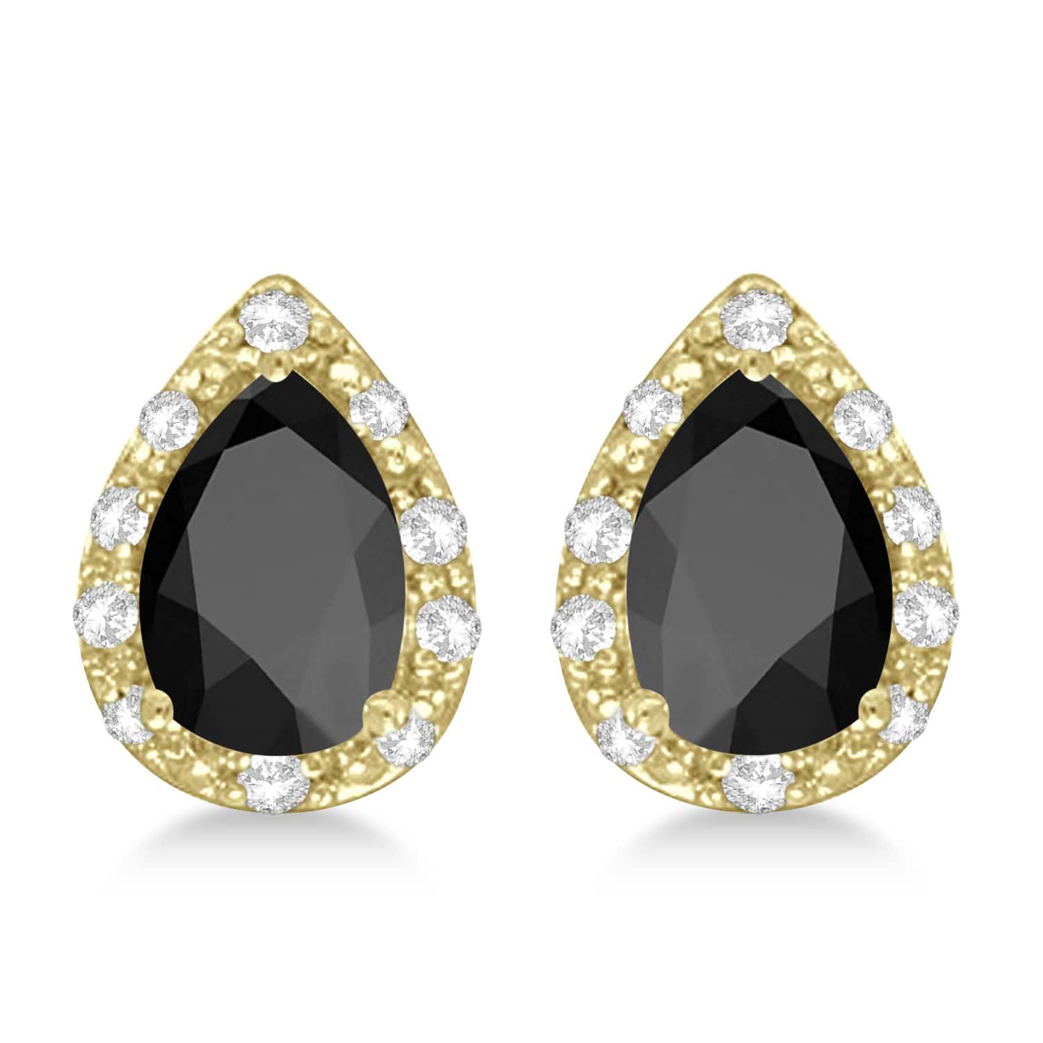 Pear Black Onyx and Diamond Stud Earrings 14k Yellow Gold (1.72ct)