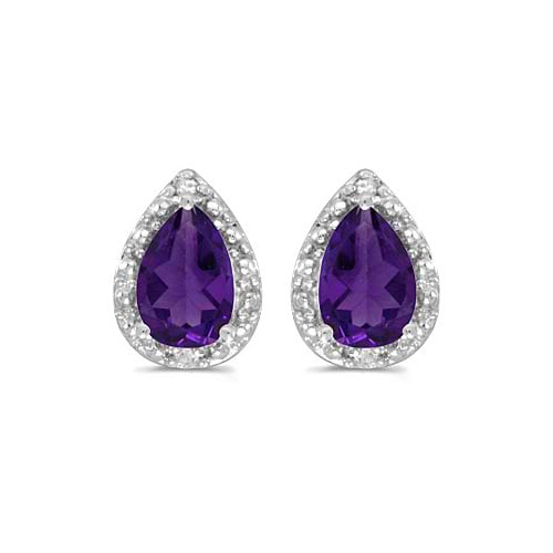 Pear Amethyst and Diamond Stud Earrings 14k White Gold (1.32ct)