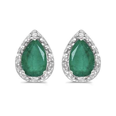Pear Emerald and Diamond Stud Earrings 14k White Gold (1.42ct)