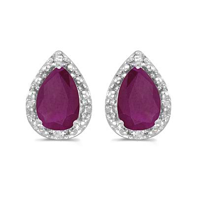 Pear Ruby and Diamond Stud Earrings 14k White Gold (1.52ct)