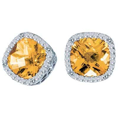 Cushion Cut Citrine and Diamond Earrings in 14k White Gold
