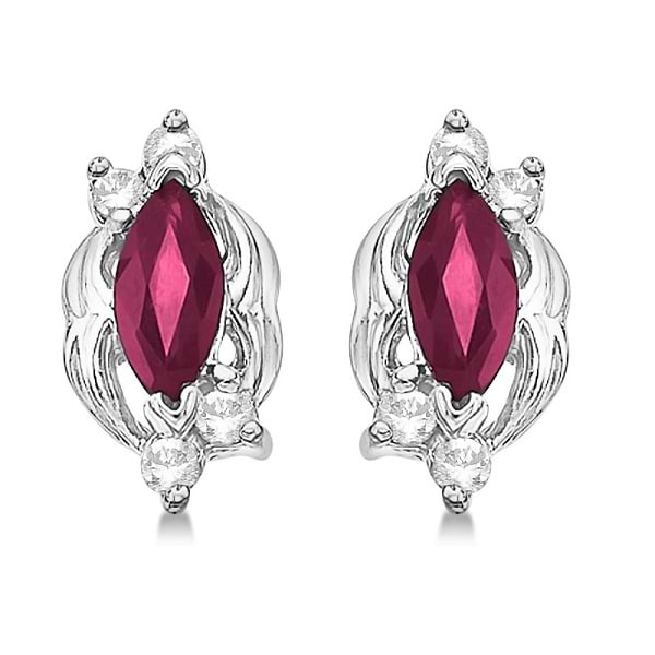 Marquise Ruby & Diamond Stud Earrings in 14K White Gold (0.62ct)