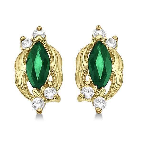 Marquise Emerald & Diamond Stud Earrings in 14K Yellow Gold (0.62ct)