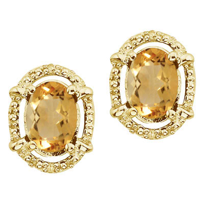 Oval Citrine and Diamond Earrings in 14k Yellow Gold (7x5 mm)