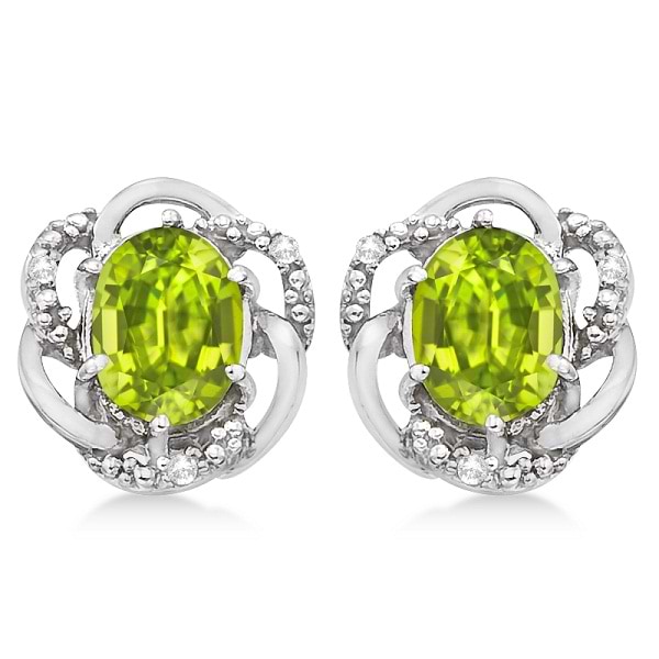 Oval Green Peridot & Diamond Stud Earrings in 14K White Gold (3.05ct)