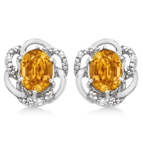 Oval Shaped Citrine & Diamond Stud Earrings in 14K White Gold (3.05ct)
