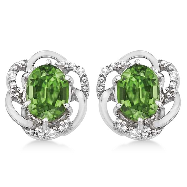Oval Green Amethyst & Diamond Stud Earrings in 14K White Gold (3.05ct)