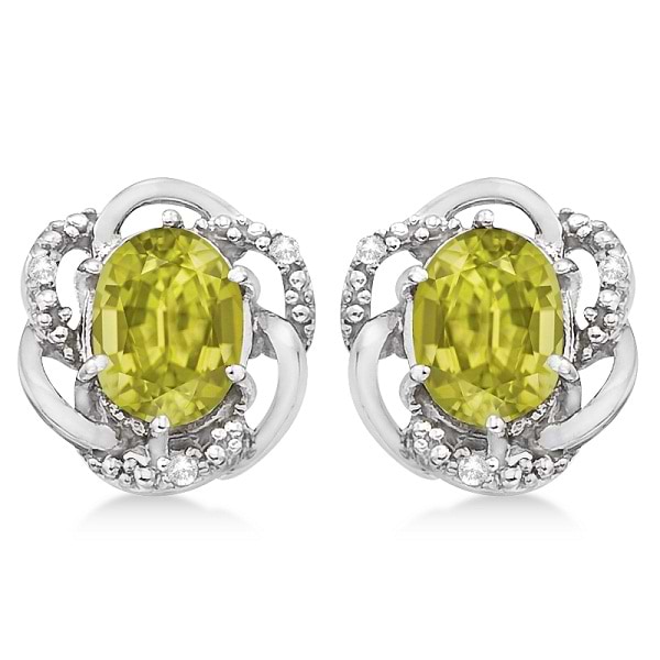 Oval Flower Lemon Quartz & Diamond Earrings in 14K White Gold (3.05ct)