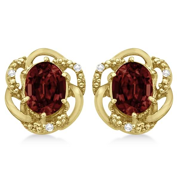 Oval Shaped Red Garnet & Diamond Earrings in 14K Yellow Gold (3.05ct)
