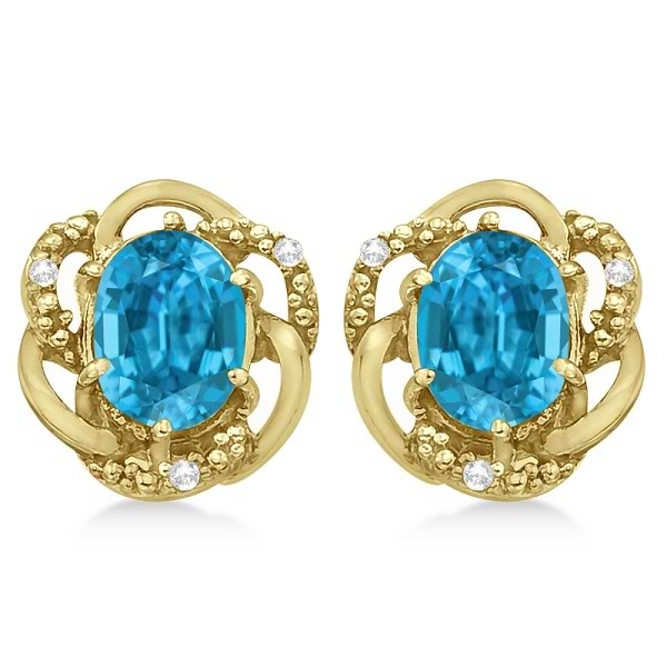 Oval Shaped Blue Topaz & Diamond Earrings in 14K Yellow Gold (3.05ct)
