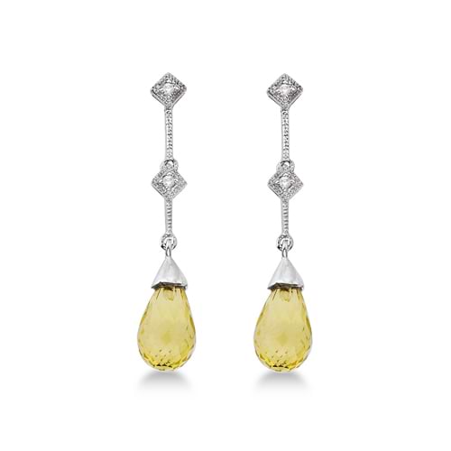 Dangling Lemon Quartz and Diamond Earrings 14k White Gold (2.05ct)