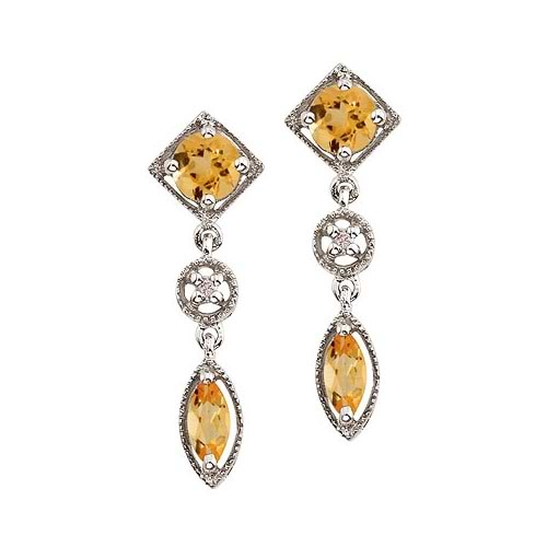 Round & Marquise Citrine and Diamond Dangling Earrings 14K White Gold