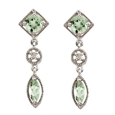Marquise Green Amethyst & Diamond Dangling Earrings 14K White Gold