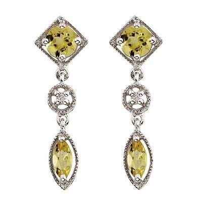 Round & Marquise Lemon Quartz & Diamond Drop Earrings 14K White Gold