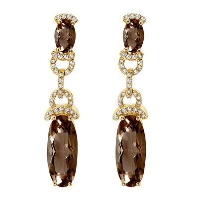 Oval Smoky Topaz & Diamond Dangle Earrings 14k Yellow Gold (10.30ct)