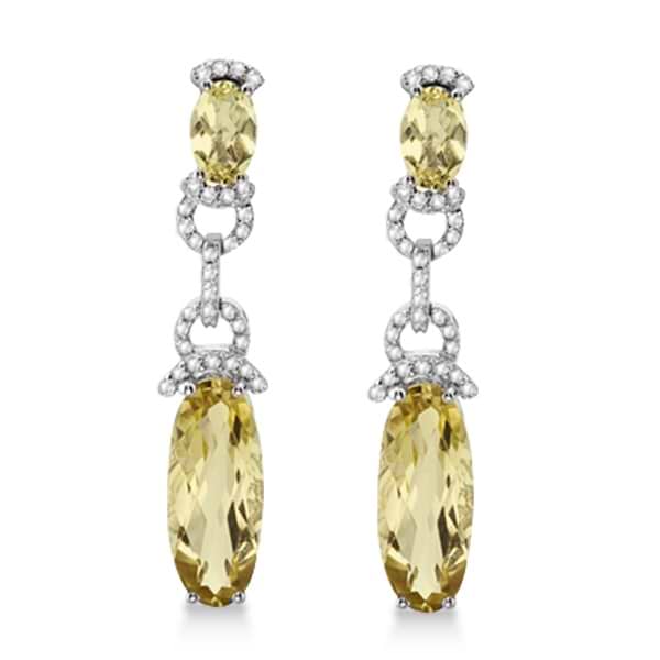 Oval Lemon Quartz & Diamond Dangle Earrings 14k White Gold (10.30ct)