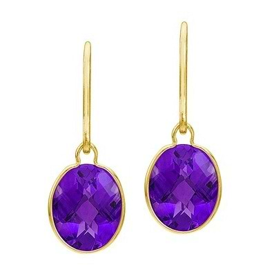 Concave Checker Oval Amethyst Wrap Drop Earrings 14K Yellow Gold (10x8mm)