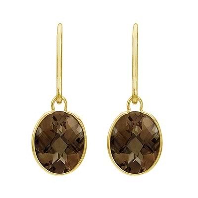 Concave Checker Oval Smoky Topaz Drop Earrings 14K Yellow Gold (10x8mm)