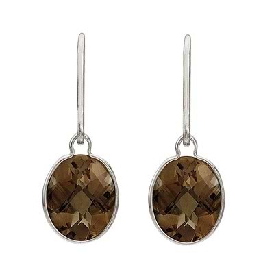 Concave Checker Oval Smoky Topaz Drop Earrings 14K White Gold (10x8mm)