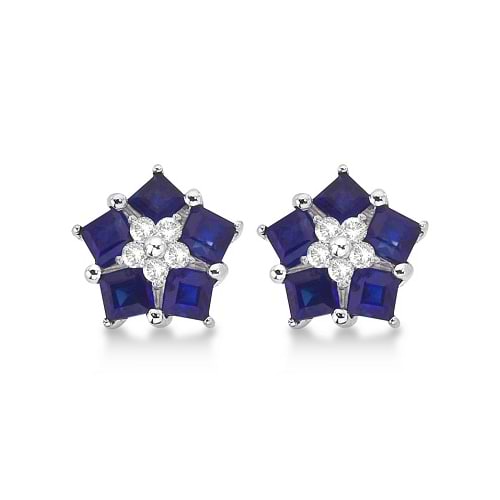 Blue Sapphire & Diamond Flower Earrings 14k White Gold (0.90ctw)