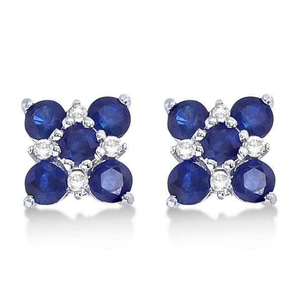 Blue Sapphire & Diamond Flower Earrings 14k White Gold (1.30ct)