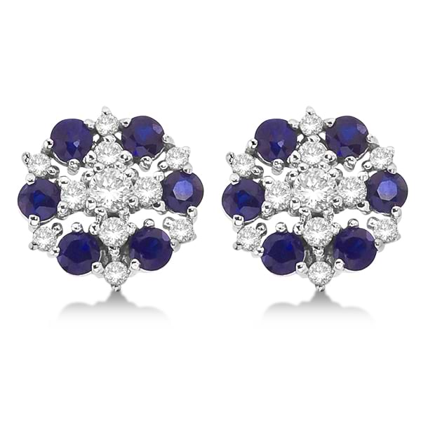 Diamond & Blue Sapphire Large Cluster Earrings 14k White Gold (1.60ct)