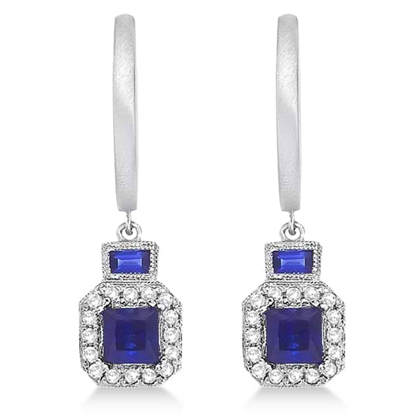 Sapphire & Diamond Dangling Drop Earrings 14k White Gold (1.85ctw)