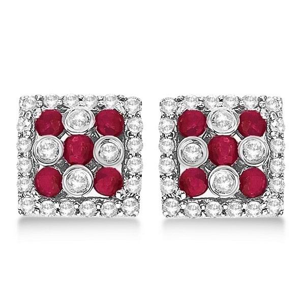 Ruby & Diamond Accented Square Cluster Earrings 14k White Gold (0.90ct)