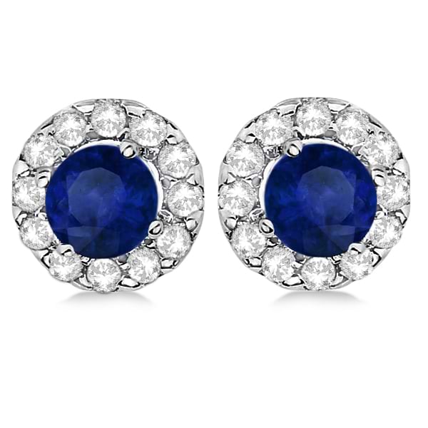 Round Halo Diamond and Sapphire Earrings 14K White Gold (0.79tcw)