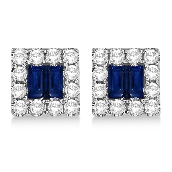 Baguette Cut Blue Sapphire & Diamond Earrings 14k White Gold (1.00ctw)