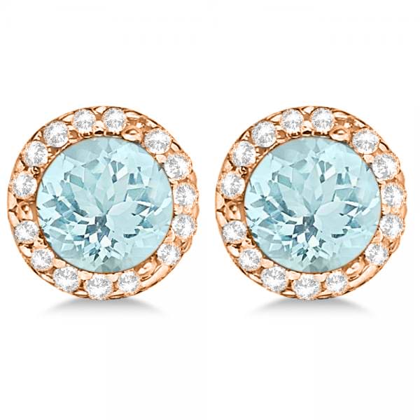 Diamond and Aquamarine Earrings Halo 14K Rose Gold (1.15tcw)