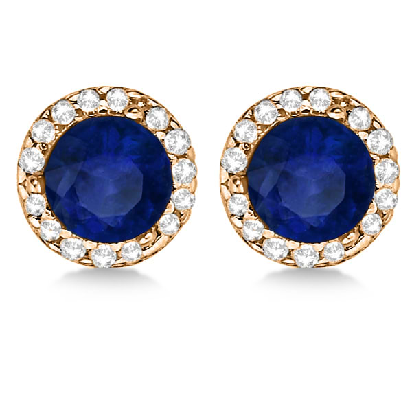 Diamond and Blue Sapphire Earrings Halo 14K Rose Gold (1.15tcw)