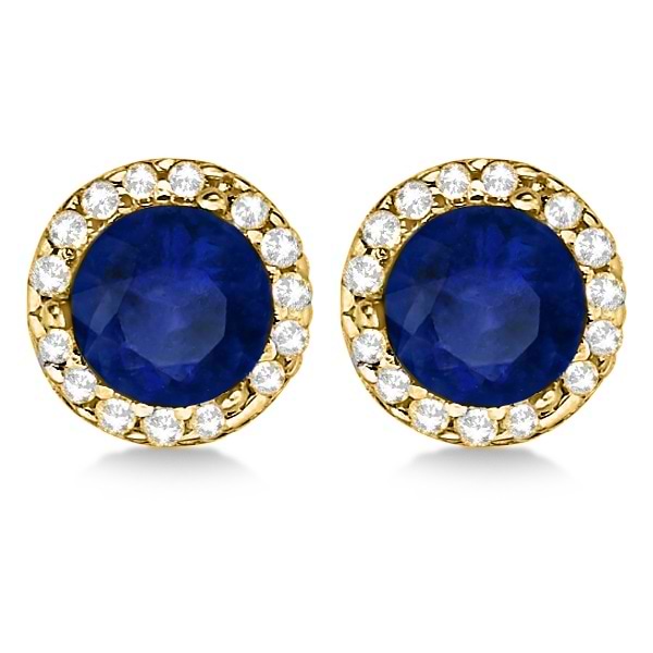 Diamond and Blue Sapphire Earrings Halo 14K Yellow Gold (1.15tcw)