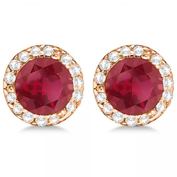 Diamond and Ruby Earrings Halo 14K Rose Gold (1.15ct)
