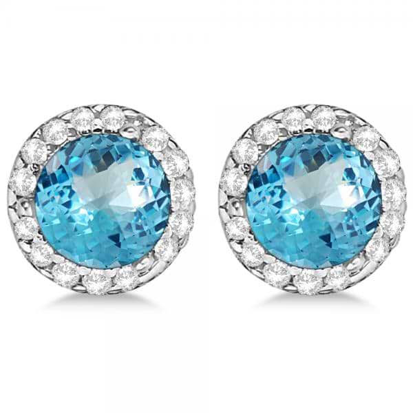 Diamond and Blue Topaz Earrings Halo 14K White Gold (1.15ct)