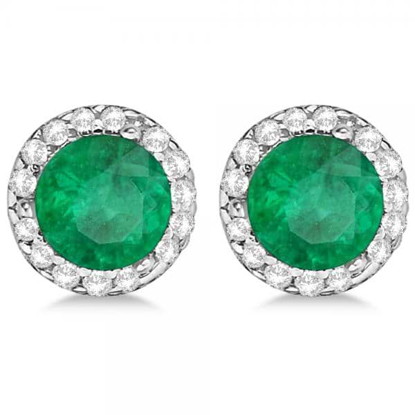 Diamond and Emerald Earrings Halo 14K White Gold (1.15ct)