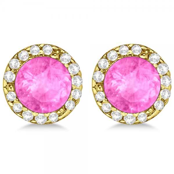 Diamond and Pink Sapphire Earrings Halo 14K Yellow Gold (1.15ct)