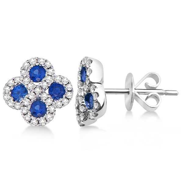Blue Sapphire & Diamond Clover Earrings in 14K White Gold (0.90ct)