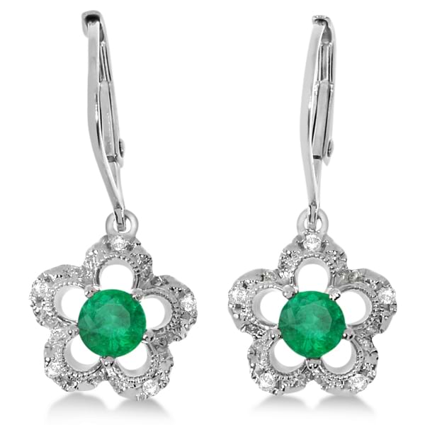 Emerald and Diamond Flower Design Drop Earrings 14k White Gold 0.36ct