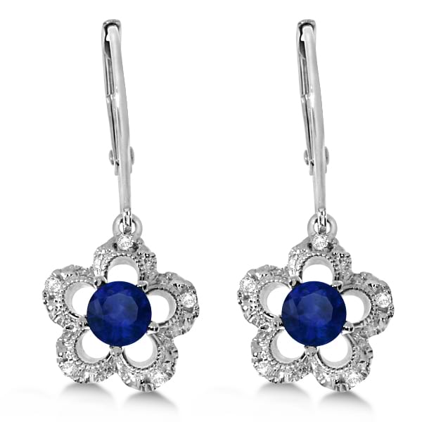 Sapphire and Diamond Flower Design Drop Earrings 14k White Gold 0.36ct