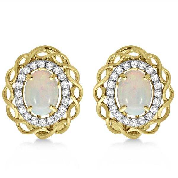 Oval Opal & Diamond Earrings, Halo Style Studs 14k Yellow Gold 1.61ct