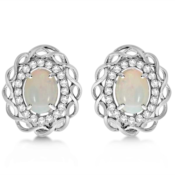 Oval Opal & Diamond Earrings, Halo Style Studs 14k White Gold 1.61ct