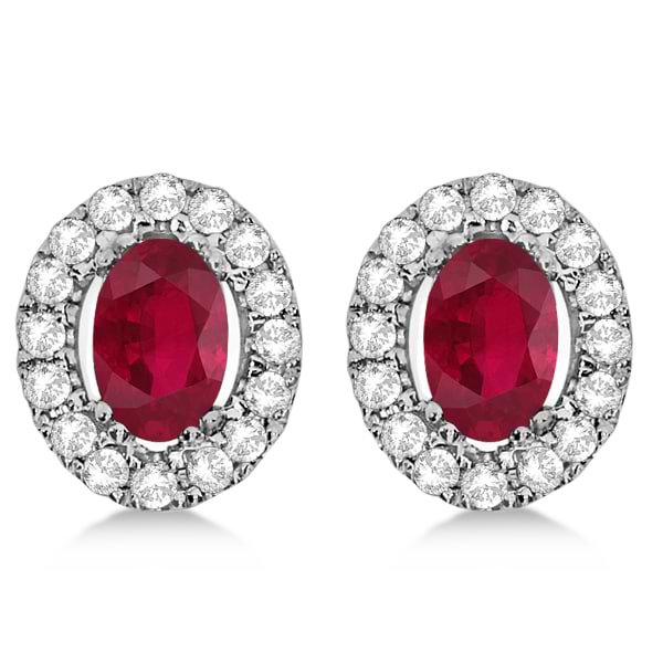 Oval Ruby & Diamond Earrings, Halo Style Studs 14k White Gold 1.52ct