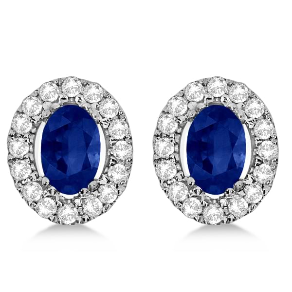 Oval Sapphire & Diamond Earrings, Halo Studs 14k White Gold 1.52ct