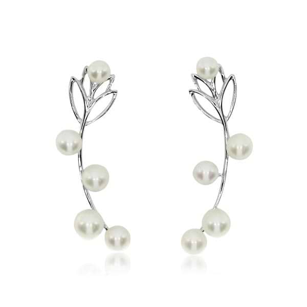 Leaf Cascading Pearls Earring Crawlers 14k White Gold 3mm-4.5mm