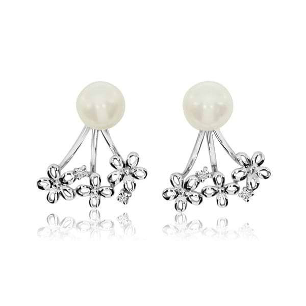 Diamond Accented Pearl Daisy Cuff Earrings 14k White Gold 6mm (0.03ct)