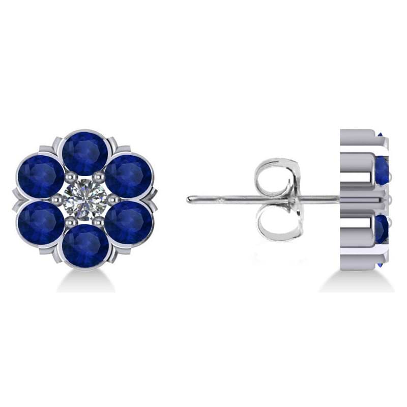 Blue Sapphire & Diamond Cluster Stud Earrings 14k White Gold (2.10ct)