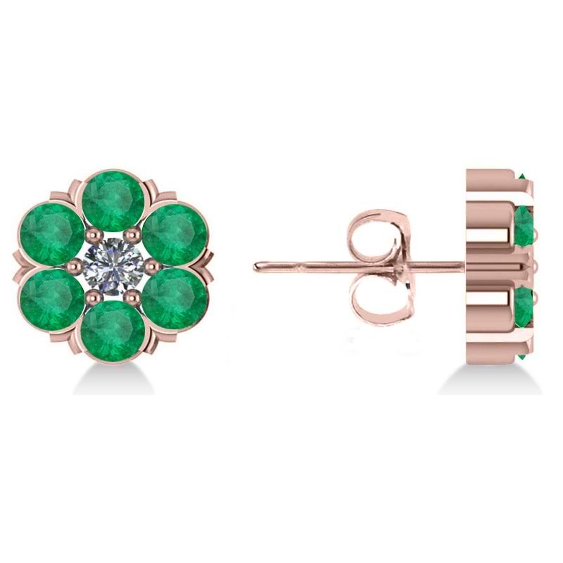 Emerald & Diamond Cluster Stud Earrings 14k Rose Gold (2.10ct)